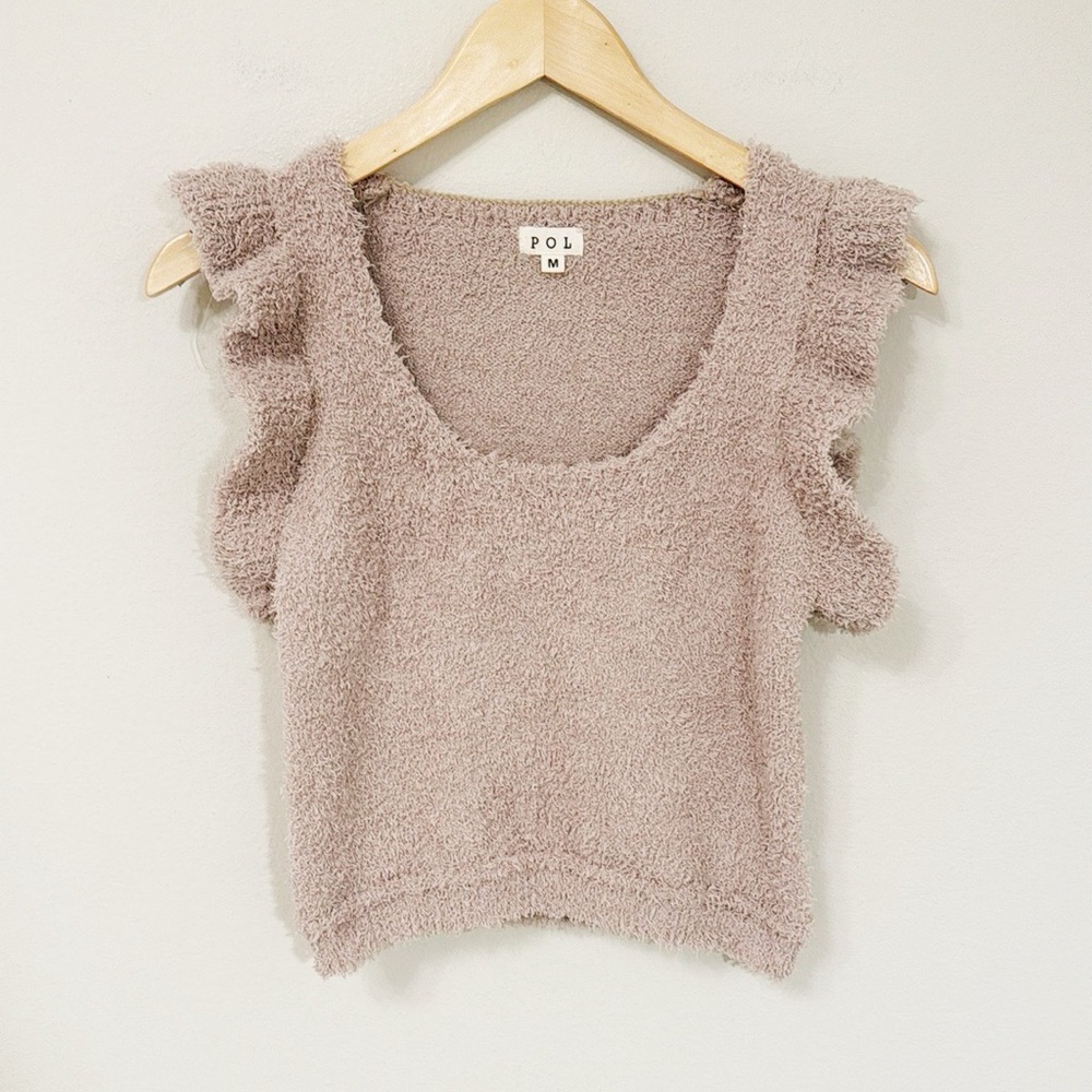POL Knit Fuzzy Top With Ruffled Cap Sleeves Size Medium